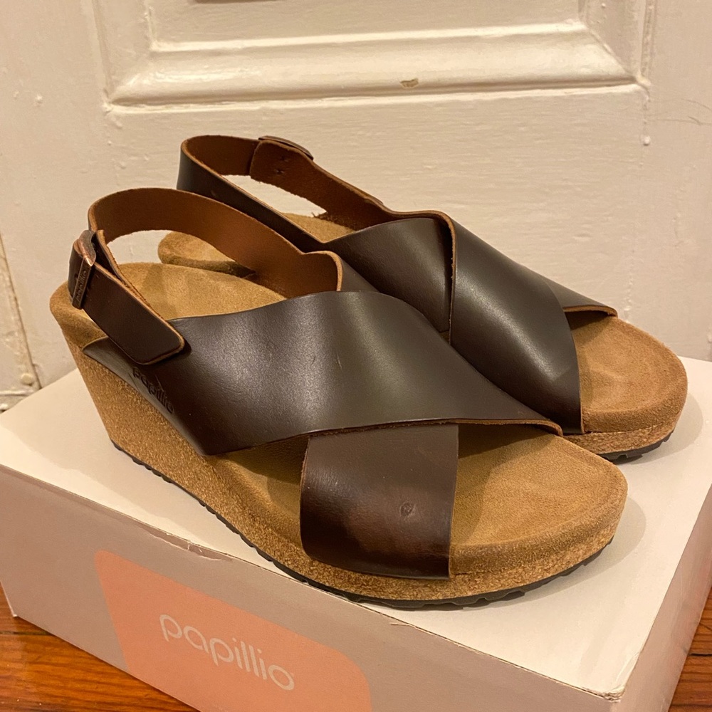 New! Papillio Brown Leather Wedge Sandals Sz. 39 / 8
